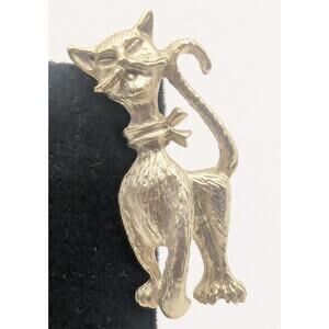 VINTAGE Cat Brooch Gold Tone Whimsical Kitty Bow Tie Pin Costume Jewelry